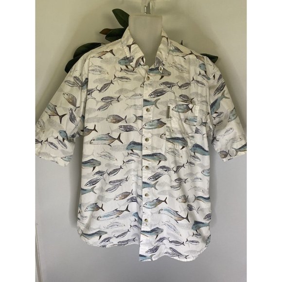 Columbia Men's Fish Print Button Up Shirt XL Vintage Pocket Logo 100% Cotton EUC - Picture 1 of 16